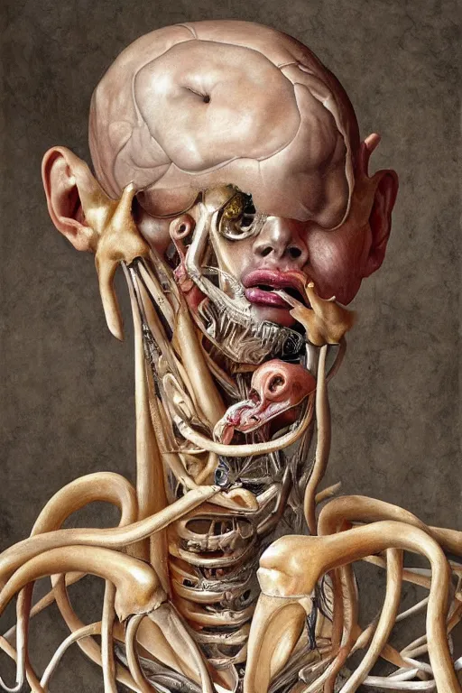 Prompt: Detailed maximalist portrait of a greek god with large lips and eyes, scared expression, botanical anatomy, skeletal with extra fleshy limbs, HD mixed media, 3D collage, highly detailed and intricate, surreal illustration in the style of Jenny Saville, dark art, baroque, centred in image