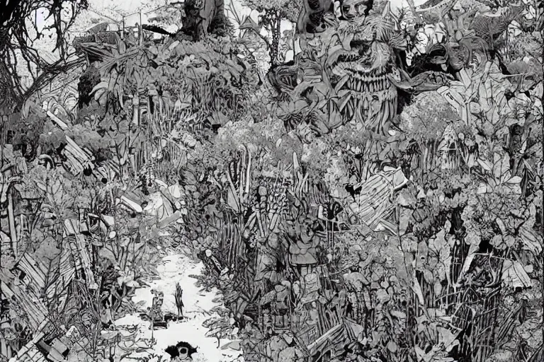 Image similar to abandoned overgrown graveyard, shadowy figures, spiny giant plants bursting through them, surreal, very coherent, intricate design, painting by Laurie Greasley, part by Yoji Shinkawa, part by Norman Rockwell