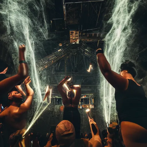 Prompt: love, giant group diverse bodies, smoke lasers, darkness, from behind, rebirth rituals, wide angle, elaborate, smoke, highly detailed, beautiful lighting