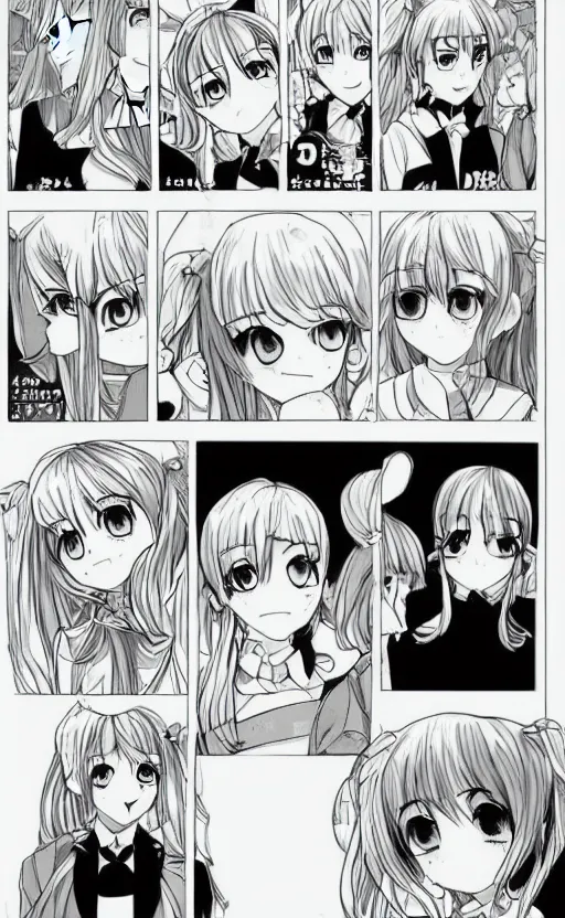 Prompt: a page of multi-panel shoujo!! ai school!! manga, black and white chibi manga!!! style, kawaii manga, japanese text kanji