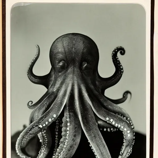 Prompt: vintage photograph of an octopus with a human face