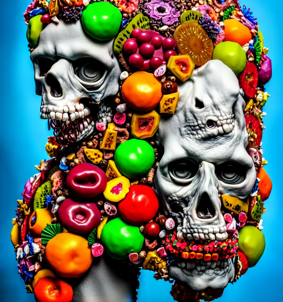 Prompt: portrait headshot of a zombie punk, head made of fruit gems and flowers in the style of arcimboldo, john currin, photorealistic, dynamic lighting, action figure, clay sculpture, claymation, dull blue cloudy background,