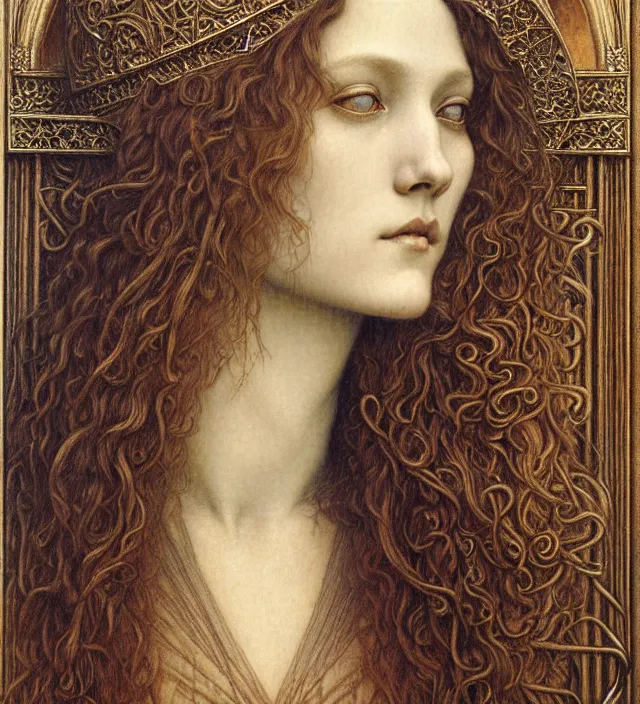 Image similar to detailed realistic beautiful young medieval queen face portrait by jean delville, gustave dore and marco mazzoni, art nouveau, symbolist, visionary, gothic, pre - raphaelite. horizontal symmetry