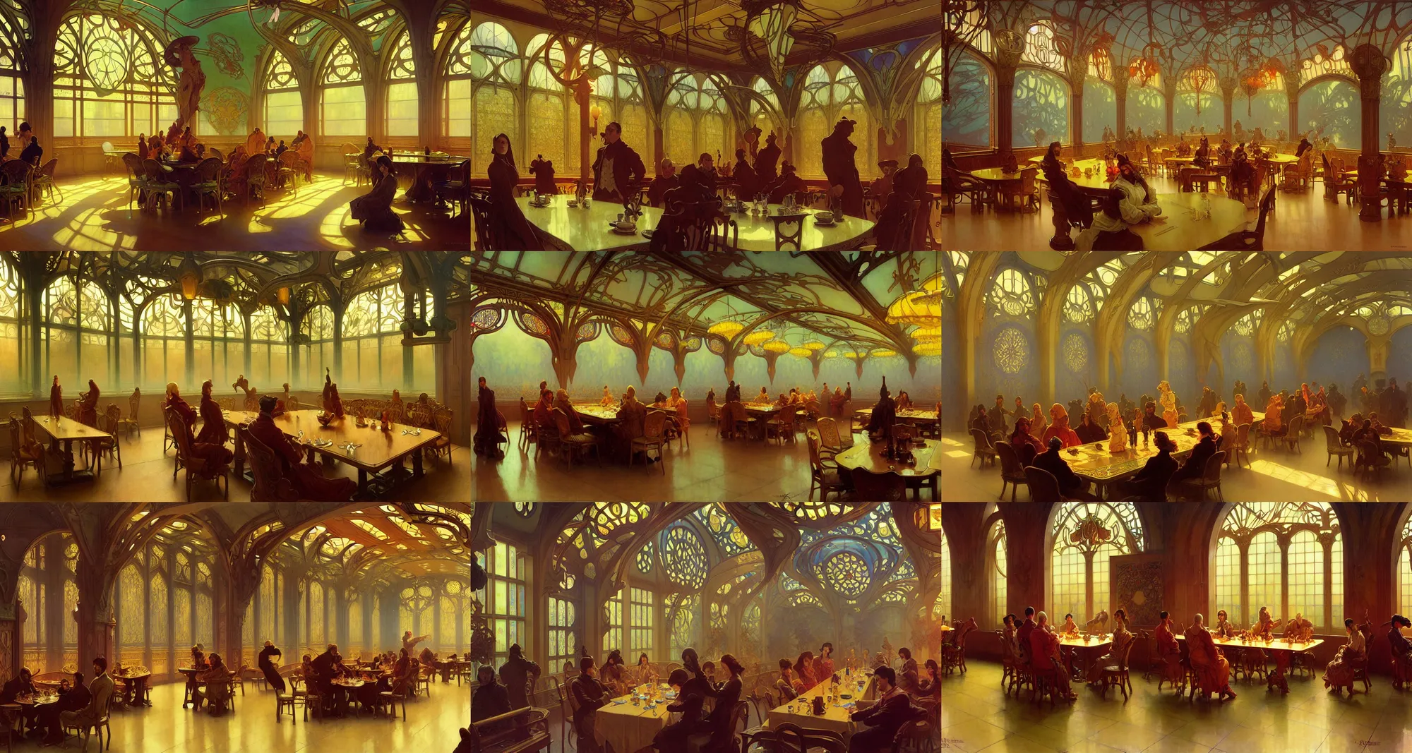 Prompt: dining hall, art nouveau architecture, fantasy, art by joseph leyendecker, ivan aivazovsky, ruan jia, reza afshar, marc simonetti, alphonse mucha