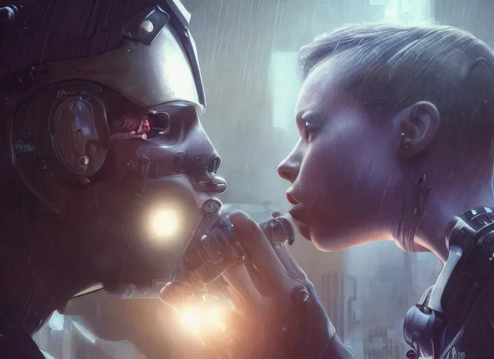 Image similar to ultra realistic medium shot of a couple of cyborgs kissing, lovers, cyberpunk, sci - fi, kodak, faces, colour led, soft light, volumetric lighting, fog, rays, night, rain, station, intricate detailed, digital painting, concept art, smooth, sharp focus, illustration, art by artgerm and greg rutkowski and alphonse mucha