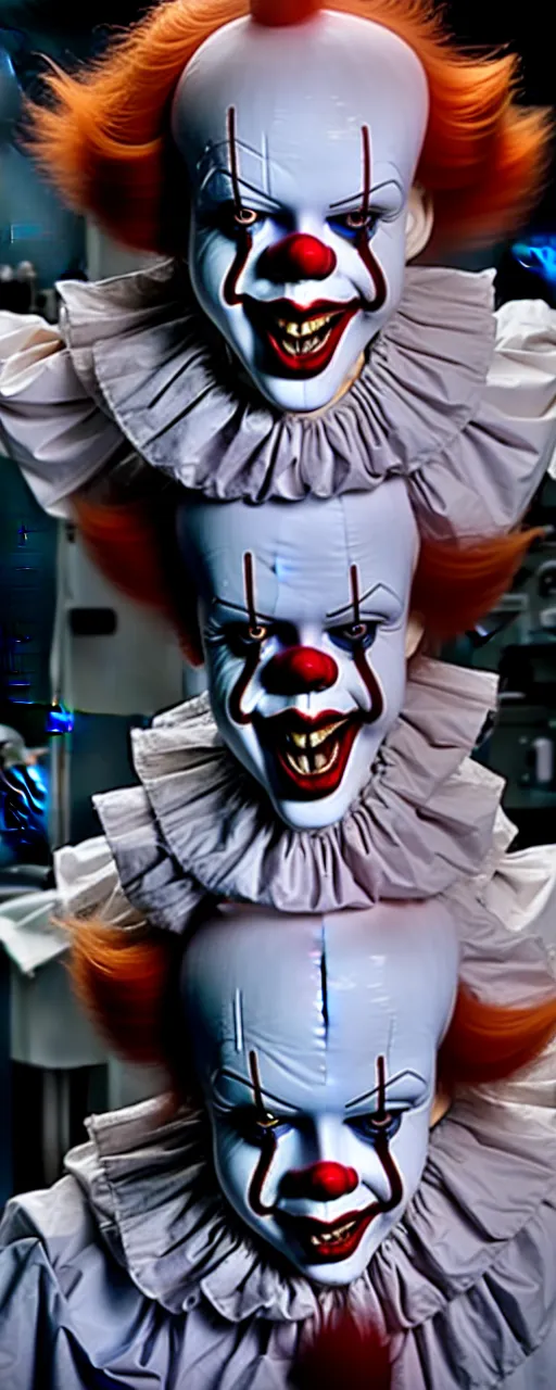 Image similar to a face and body photograph of pennywise dressed as a doctor in a hospital, with a lab coat, with a stethoscope, hyperdetailed, intricate, dramatic, horror movie, movie still, 4 k realistic, volumetric lighting, sharp focus