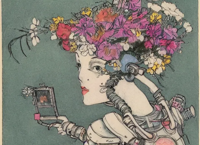 Prompt: Louis Icart, an old elaborate colored drawing of a robot with flowers coming out its head, highly detailed, masterpiece