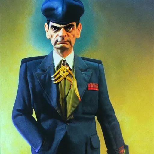 Image similar to ultra realistic full body painting of mr bean as m. bison from street fighter, art by frank frazetta, 4 k, ultra realistic, highly detailed, epic lighting