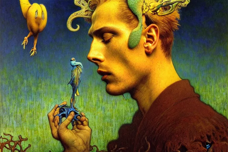 Image similar to realistic detailed portrait painting of a man with head of a bird, nightly graveyard landscape background by Jean Delville, Amano, Yves Tanguy, Max Ernst, Alphonse Mucha, Ernst Haeckel, Edward Robert Hughes, Roger Dean, masterpiece, cinematic composition, dramatic pose, 4k details, rich moody colours, blue eyes