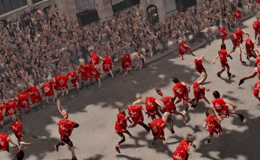 Image similar to greta thunberg running in san fermines chased by bulls, highly detailed, cinematic, 8 k resolution, beautiful detailed, octane render, unreal engine