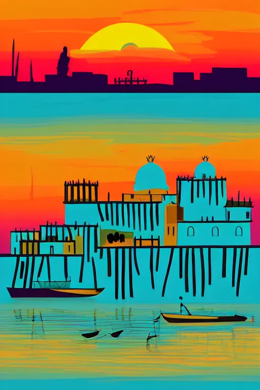 Image similar to minimalist boho style art of colorful lissabon at sunset, illustration, vector art