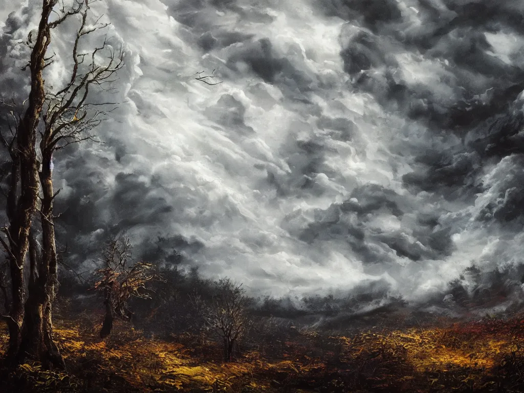 Prompt: detailed landscape, forests. very detailed dark super storm, hyper realistic clouds, impressive, magical, very atmospheric, smoke boiling, cinematic, deep, very high complexity, stunning, dramatic masterpiece, chiaroscuro, in the style of david holland and laura den hertog and michael creese, very detailed. 4 k