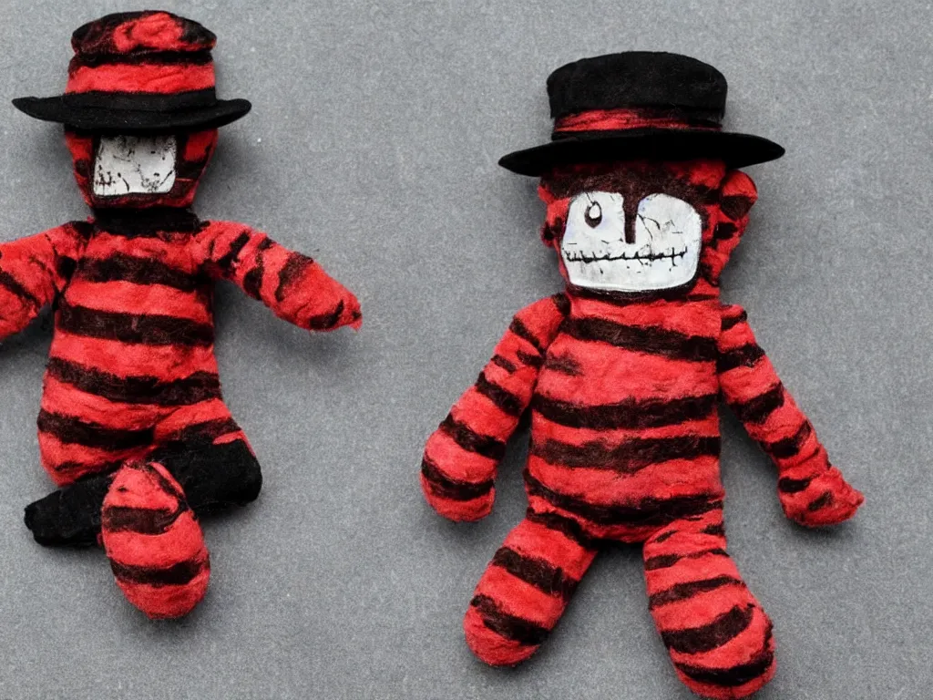 Image similar to A photograph of a cute plush doll that looks like Freddy Krueger, from the horror movie