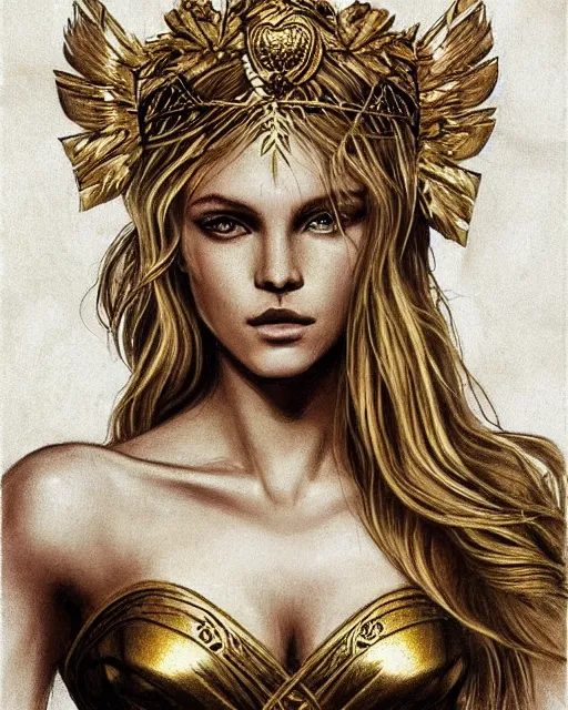 Image similar to tattoo sketch of hot blonde super model as aphrodite greek goddess wearing a gold laurel wreath and triangle earrings, beautiful piercing gaze with sharp pupils, in the style of greg rutkowski, fantasy, amazing detail, epic, elegant, smooth, sharp focus, front view