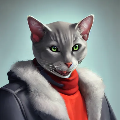 Image similar to Portrait painting an anthropomorphic gray cat smiling wearing a jacket and a collar, as an Overwatch character, medium shot, asymmetrical, profile picture, Organic Painting, sunny day, Matte Painting, bold shapes, hard edges, street art, trending on artstation, by Huang Guangjian and Gil Elvgren and Sachin Teng