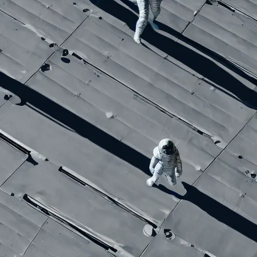 Prompt: mysterious man in silver space suit, walking on an industrial catwalk with stairs that lead nowhere, floating in deep space, 4 k photograph, isometric view