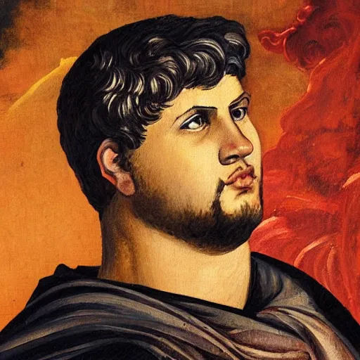 Prompt: roman style painting emperor nero on burning city in a fornite pose