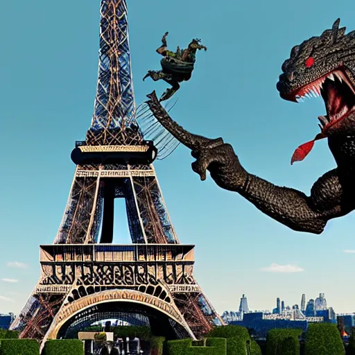 Prompt: predator vs godzilla in front of Eiffel tower, highly detailed, hyoer realistic 4k