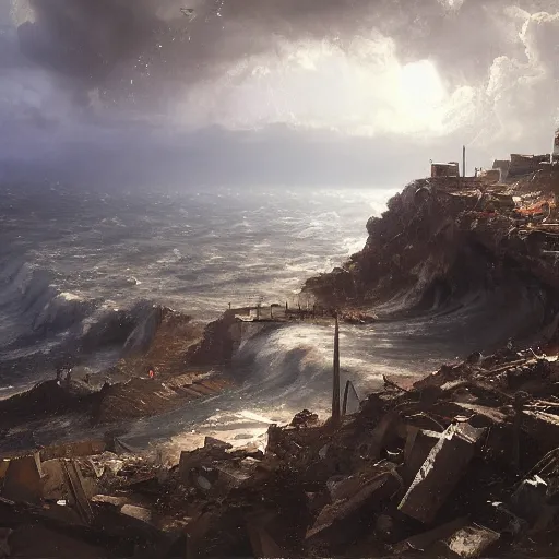 Prompt: Panorama view at a hurricane with rubble from a castle in its grasp, oil painting, by Greg Rutkowski