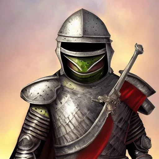 Image similar to frog knight in medieval armor, 8k, highly detailed, full portrait, professional painting,