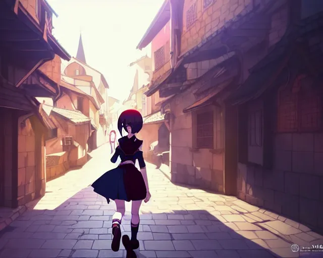 Prompt: anime still frame portrait of a young female walking through a busy medieval village, ilya kuvshinov, dynamic pose, dynamic perspective, detailed silhouette, cel shaded anime