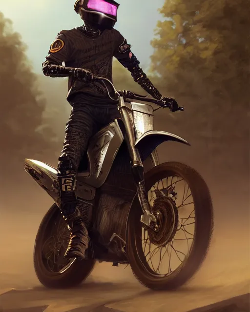 Image similar to beautiful blonde teenage boy wearing cyberpunk intricate streetwear riding dirt bike, beautiful, detailed portrait, cell shaded, 4 k, concept art, by wlop, ilya kuvshinov, artgerm, krenz cushart, greg rutkowski, pixiv. cinematic dramatic atmosphere, sharp focus, volumetric lighting, cinematic lighting, studio quality