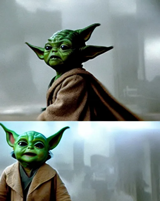 Prompt: epic action still of baby yoda as batman in the style of batman the dark knight rises