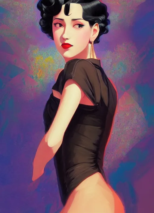 Prompt: a beautiful dancer with black hair in 1930's fashion, living room background, intricate, highly detailed, digital painting, artstation, official media, anime key visual, concept art, rich vivid colors, ambient lighting, sharp focus, illustration, art by Artgerm, Makoto Shinkai, Ilya Kuvshinov, Lois Van Baarle, and Rossdraws