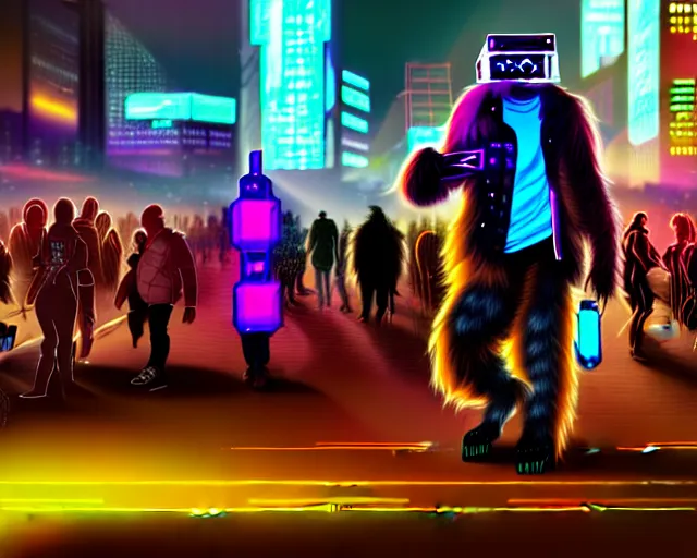 Image similar to high - resolution photograph from a cyberpunk era furry fandom convention ( midwest furfest 2 0 4 7 ), taking place after the genetic revolution and quantum singularity. photorealistic.