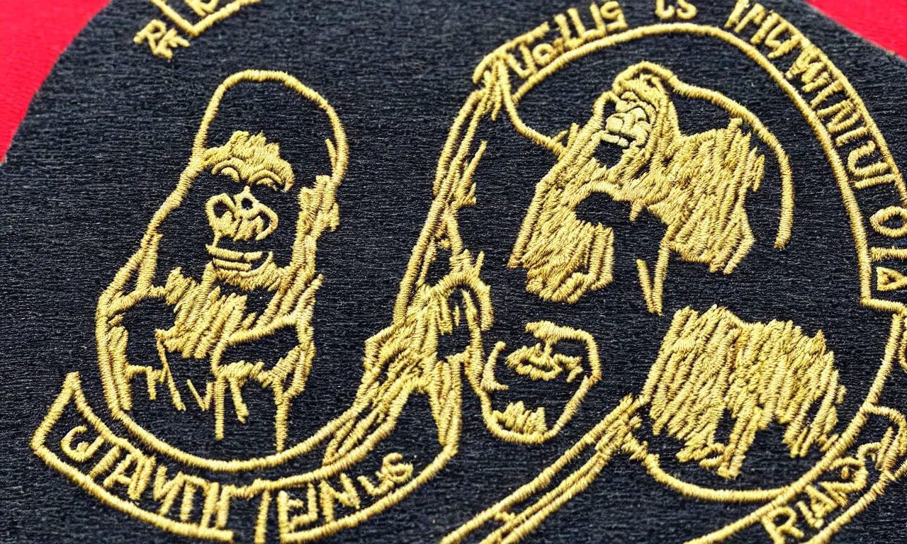 Image similar to a gorilla climbing a radio tower reading lighting bolts, embroidered us corps patch 8 k /