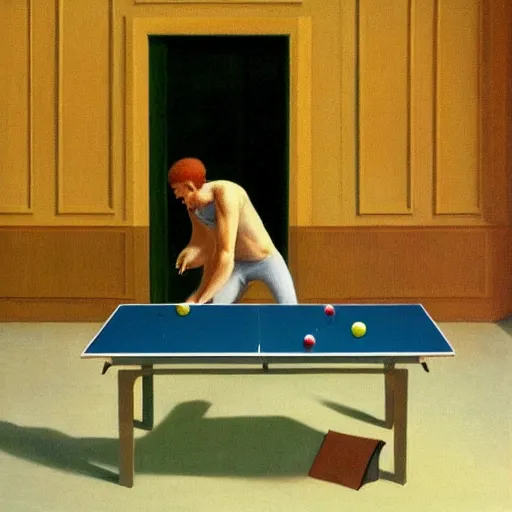 Prompt: a man playing ping pong against 3 other men by Raphael, Hopper, and Rene Magritte. detailed, romantic, enchanting, trending on artstation.