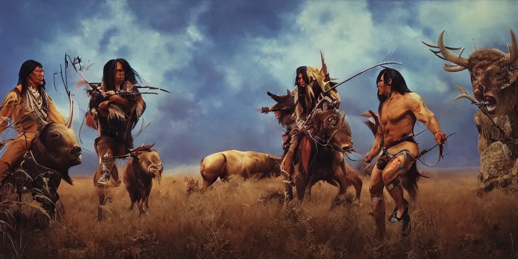 Prompt: of Native American hunting a buffalo Liam Wong and Boris Vallejo