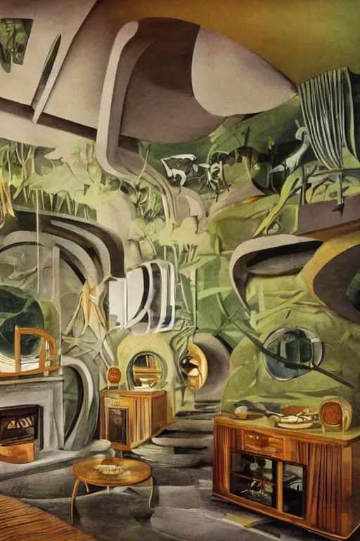 Image similar to art - deco interior of a hobbits house