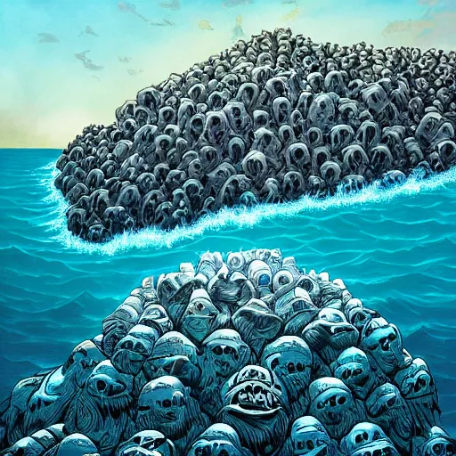 Image similar to a mountain of skulls amidst the ocean, photograph, realistic, morning light, dan mumford color scheme