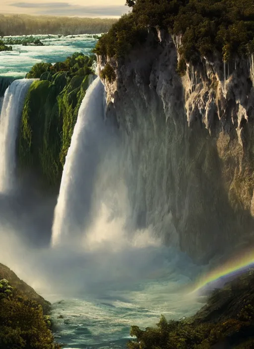 Image similar to cascade of multiple gigantic niagara falls, epic mountains in the background, early dawn, fantasy illustration, matte painting, concept art, low angle shot, volumetric lighting, volumetric atmosphere, morning mist, art by james gurney, unreal engine 5, 8 k