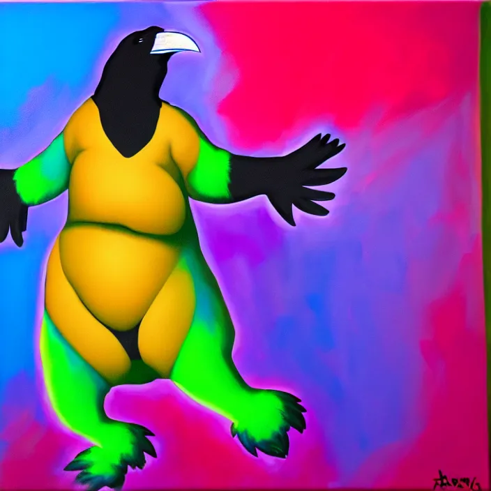 Image similar to a fat anthropomorphic male raven fursona dancing at a rave, furry, oil on canvas, cute, vivid saturation