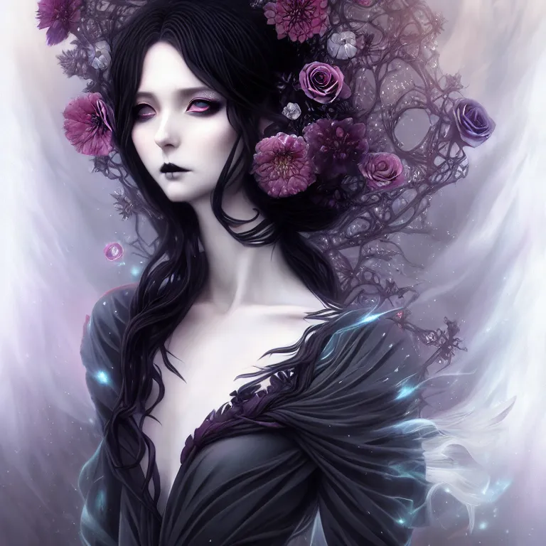 Image similar to stunning anime goddess hybrid of the floral river flowers, beautiful gothic dress in a dark romance, misty, by cgsociety, in the style of charlie bowater, tom bagshaw, intricate, beautiful, artstation 8 k, high resolutionsparkling atom fractals of jewls cords, by alex grey and hr giger