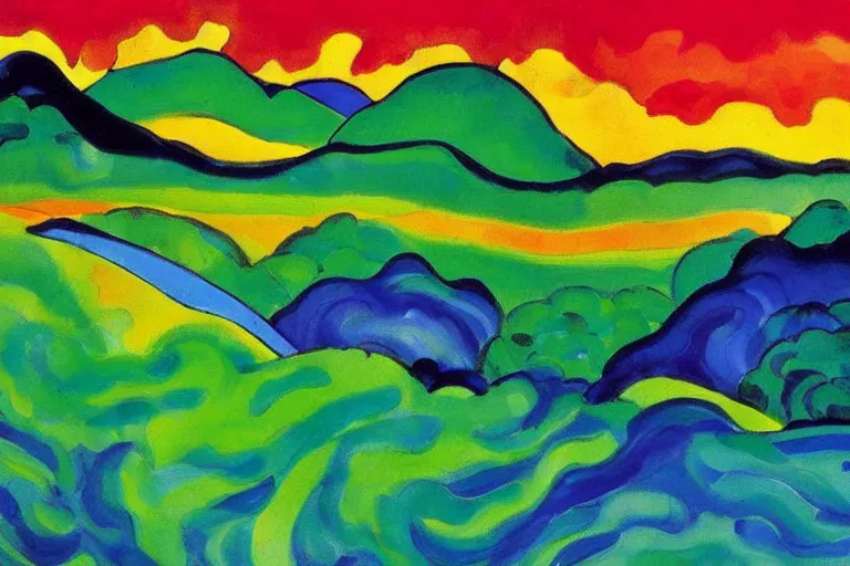 Prompt: Landscape painting. Wild energy patterns rippling in all directions. Curves, zig-zags. Organic. Mountains. Clouds. Vegetation. Rushing water. Waves. LSD. Fauvism. Emil Nolde.