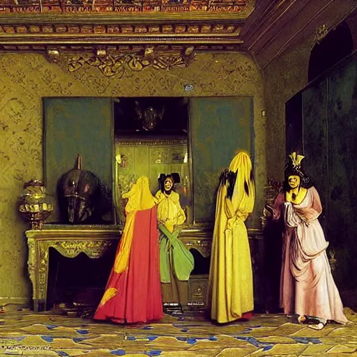 Prompt: the minions harem scene, by jean - leon gerome, otto pilny, adrien henri tanoux, giulio rosati, orientalism painting