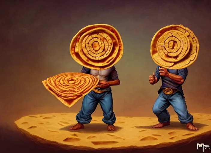 Image similar to two men made out of tortillas, their whole body is a tortilla, they are holding microphones, by marco bucci and frank frazetta, style of magic the gathering, high resolution, fantasy coloring, intricate, digital painting, artstation, smooth, sharp focus