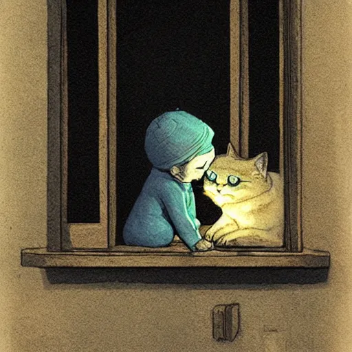 Image similar to A boy with his cat sitting in a window praying at the moon, concept art by Marc Simonetti and illustration by Maurice Sendak