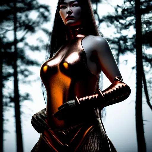 Image similar to highly detailed, ultra realistic, cinematic, woman full body with a copper nose and copper claws, high detail, 8 k, sharp focus, movie still, dramatic lighting, ray tracing, smooth, a female evil demonic character of kazakh mythology, jeztyrnak, standing in the night forrest