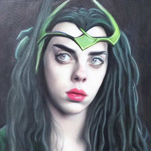 Image similar to Billie Eilish as female loki, oil on canvas, noir, trending on artstation, by Shigeru Miyamoto