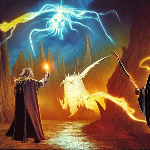 Image similar to Harry Potter and Gandalf fight against the Balrog of Morgoth, concept art by Tim White