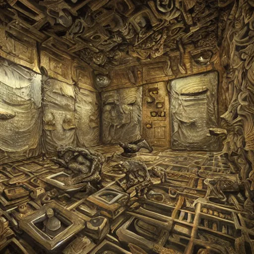 Image similar to a monstrous organic flesh room with intricate folds and grotesque textures, cube shaped room, highly detailed, alien technology, 4 k, 8 k, oil on canvas