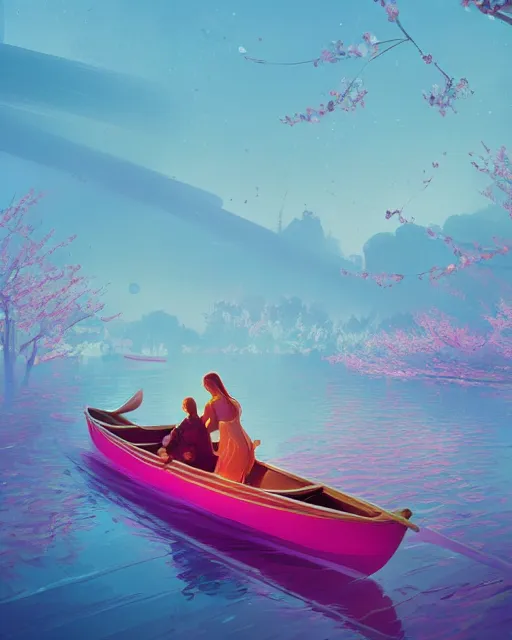 Image similar to a couple in a rowboat traveling down the river | cherry - blossoms | highly detailed | very intricate | serene romantic fantasy whimsical magical | soft bright natural morning light | pixar | award - winning | matte painting by anton fadeev and paul lehr and rhads and alena aenami | pastel color palette | featured on artstation