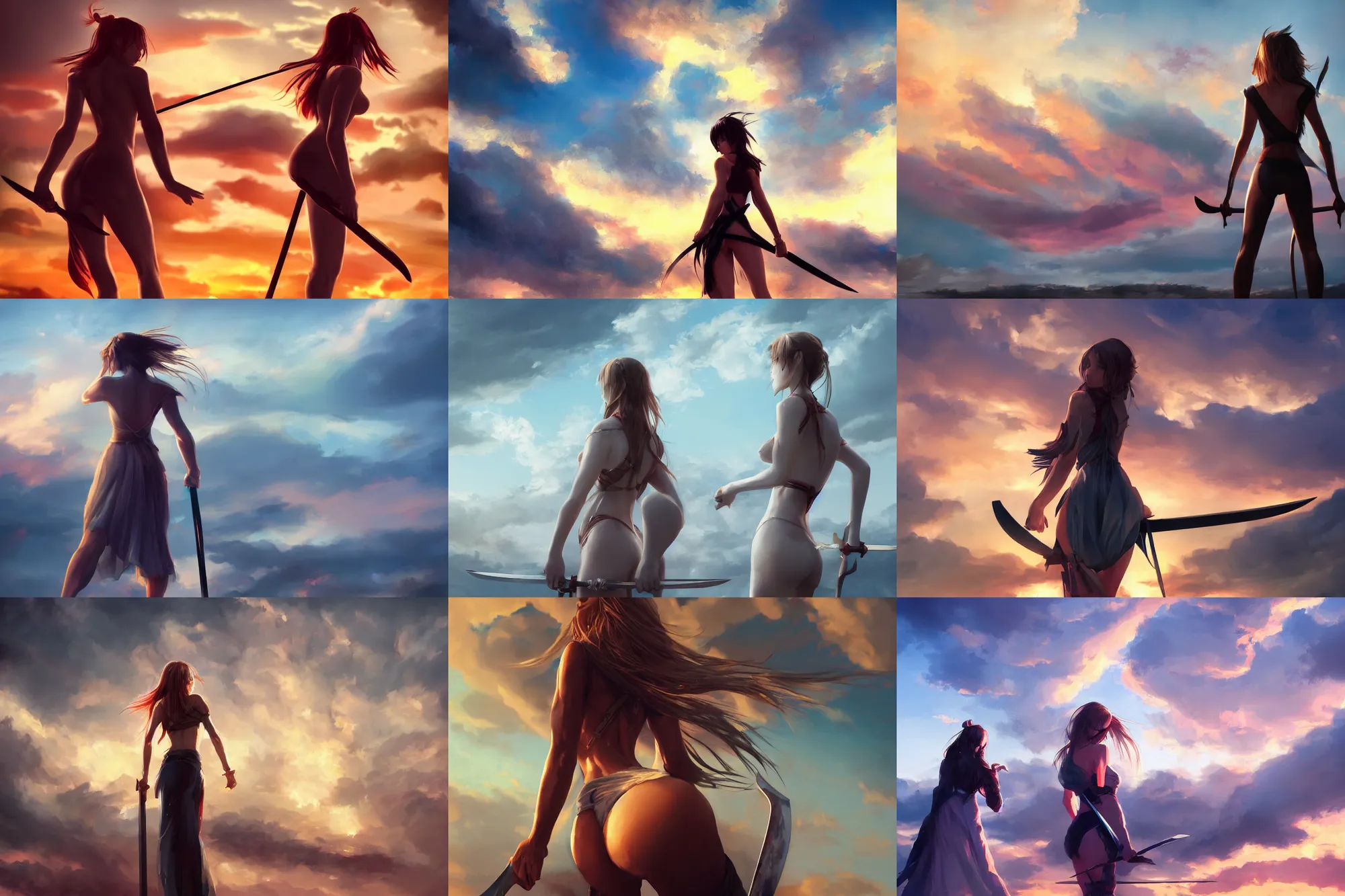 Prompt: back shot of one single beautiful girl, holding two swords, digital art by wlop. artstation contest winner, cinematic paint. lower shot. dramatic cloud in background. sunset