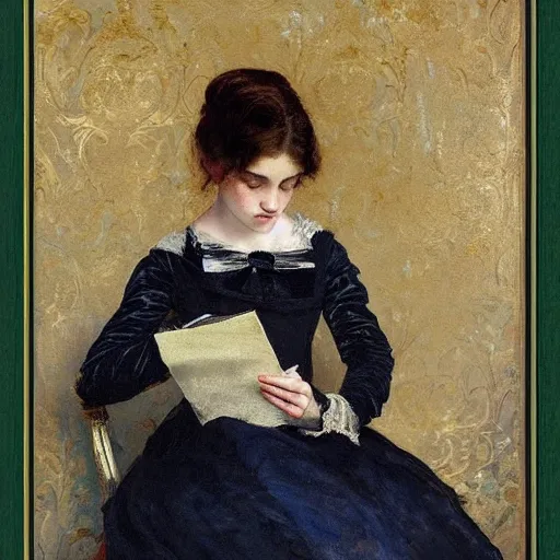 Image similar to young victorian lady in ball gown reading a book, painted by alfred stevens