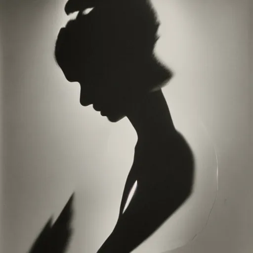 Prompt: Portrait of a femme fatale. Shadow and light. Geometry. Abstract. Surrealist. Black and white. Side lighting. Photography by Dora Maar and Irving Penn. 1934