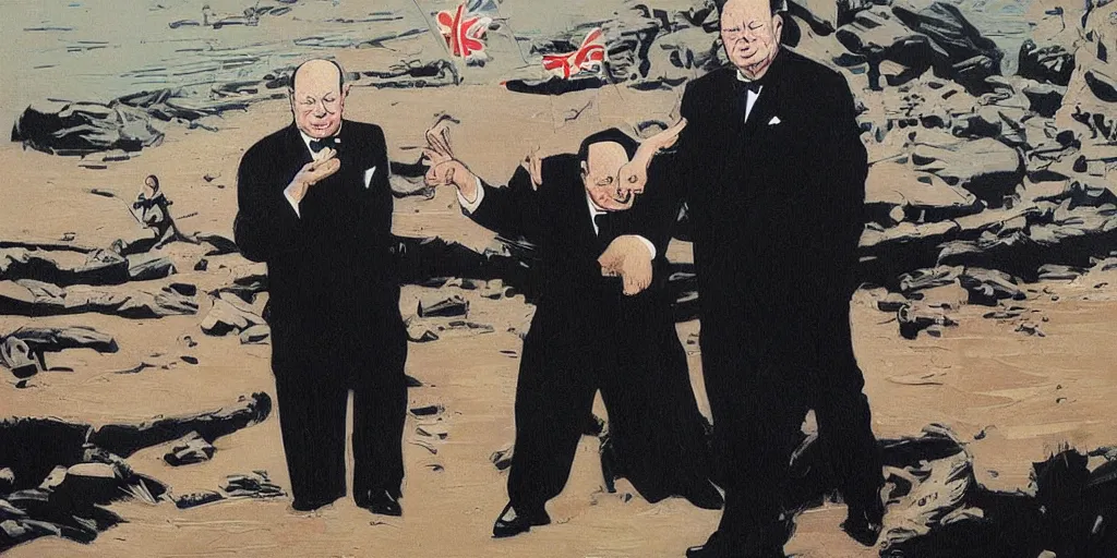 Prompt: Winston Churchill teaching Eisenhower karate. Epic painting by James Gurney and Laurie Greasley.